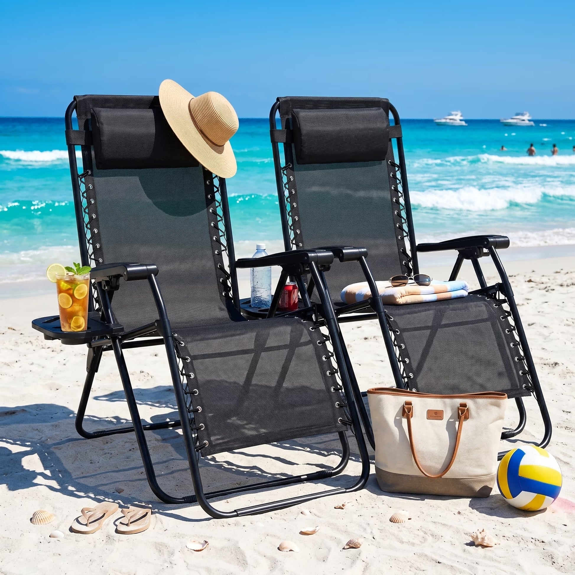 ACCVER Set of 2 Zero Gravity Chairs with Cup Holder Trays, Portable Recliner Beach Camping Patio Outdoor Folding Lounge Chairs with Adjustable Pillow, Black