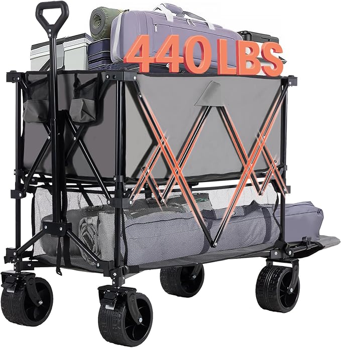 ACCVER Heavy Duty Collapsible Double Decker Wagon - 440LBS Capacity Utility Cart w/ All-Terrain Wheels, Drink Holders for Camping, Beach, Grocery, Sports (Foldable & Portable), Extra Large Grey
