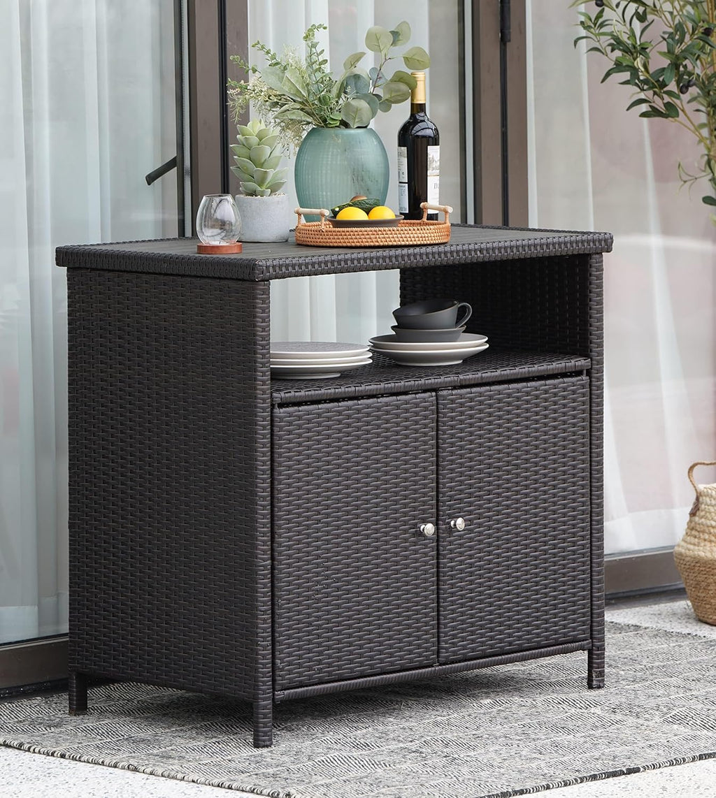 LIFERECORD Outdoor Waterproof Wicker Storage Cabinet, 2-Door Buffet Sideboard with Shelves, Rust-Proof Steel Frame, Patio Bar Table for Garden/Kitchen