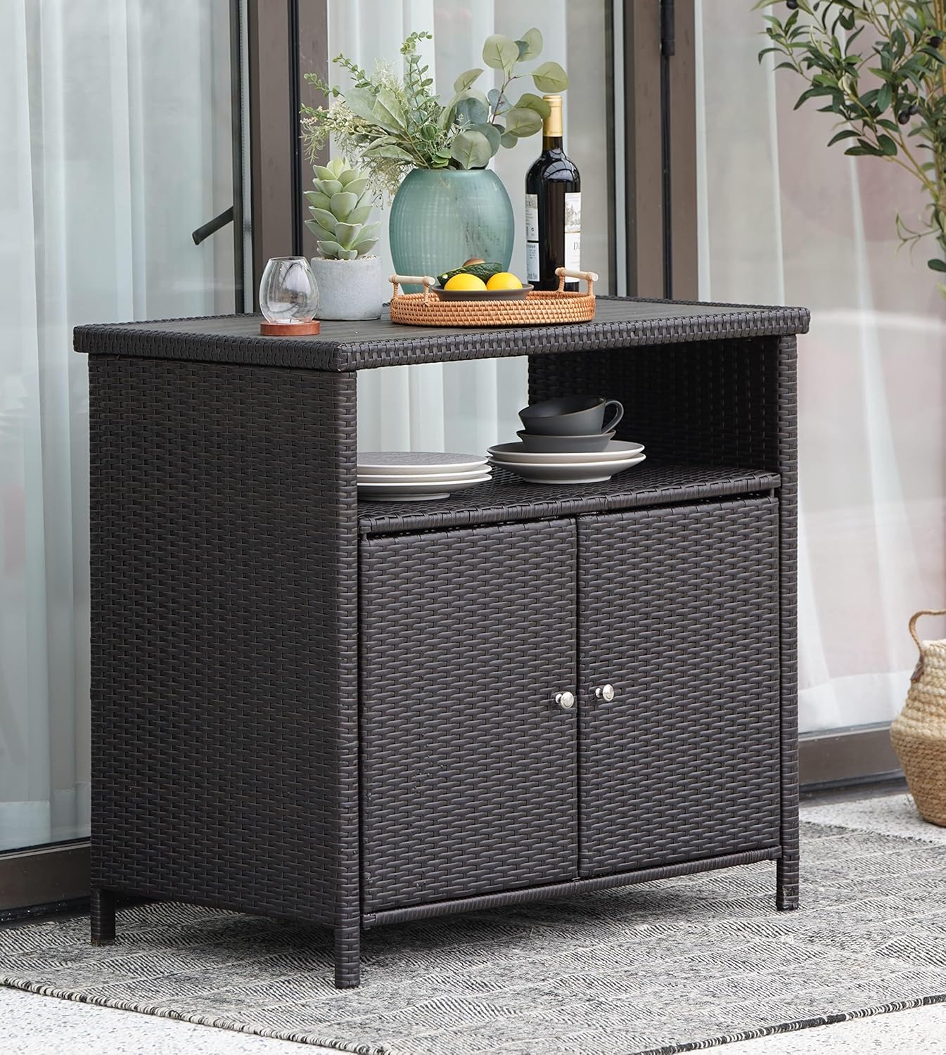 LIFERECORD Outdoor Waterproof Wicker Storage Cabinet, 2-Door Buffet Sideboard with Shelves, Rust-Proof Steel Frame, Patio Bar Table for Garden/Kitchen
