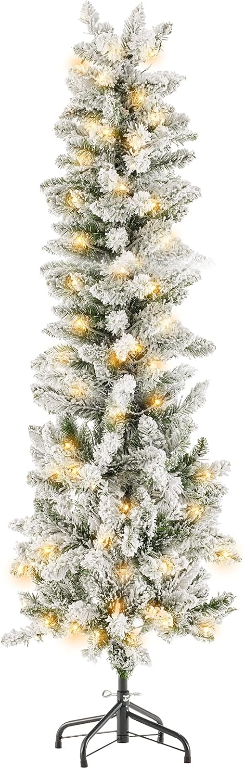 LIFERECORD 6ft Prelit Artificial Hinged Slim Pencil Christmas Tree with 250 Lights, 571 Full Branch Tips, 8 Warm Lingting Motes Perfect Decoration for Xmas Holiday, White