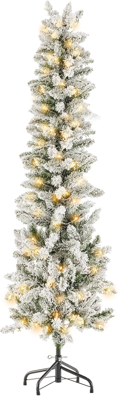 LIFERECORD 7.5ft Prelit Artificial Hinged Slim Pencil Christmas Tree with 350 Lights, 860 Full Branch Tips, 8 Warm Lingting Motes Perfect Decoration for Xmas Holiday, White