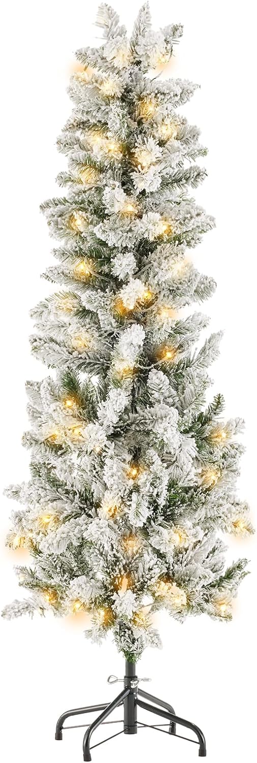 LIFERECORD 4.5ft Prelit Artificial Hinged Slim Pencil Christmas Tree with 120 Lights, 280 Full Branch Tips, 8 Warm Lingting Motes Perfect Decoration for Xmas Holiday, White