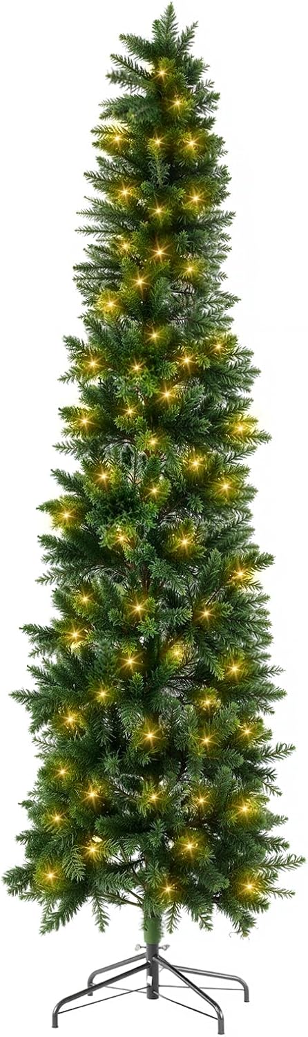 LIFERECORD 7.5ft Prelit Artificial Hinged Slim Pencil Christmas Tree with 350 Lights, 860 Full Branch Tips, 8 Warm Lingting Motes Perfect Decoration for Xmas Holiday, Green
