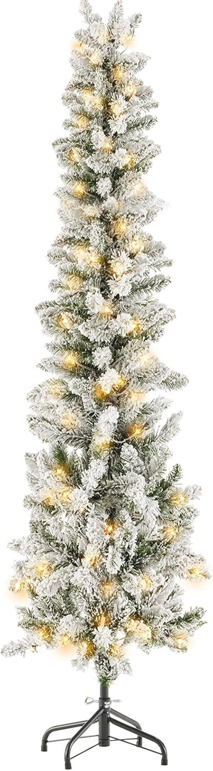 LIFERECORD 9ft Prelit Artificial Hinged Slim Pencil Christmas Tree with 500 Lights, 1100 Full Branch Tips, 8 Warm Lingting Motes Perfect Decoration for Xmas Holiday, White
