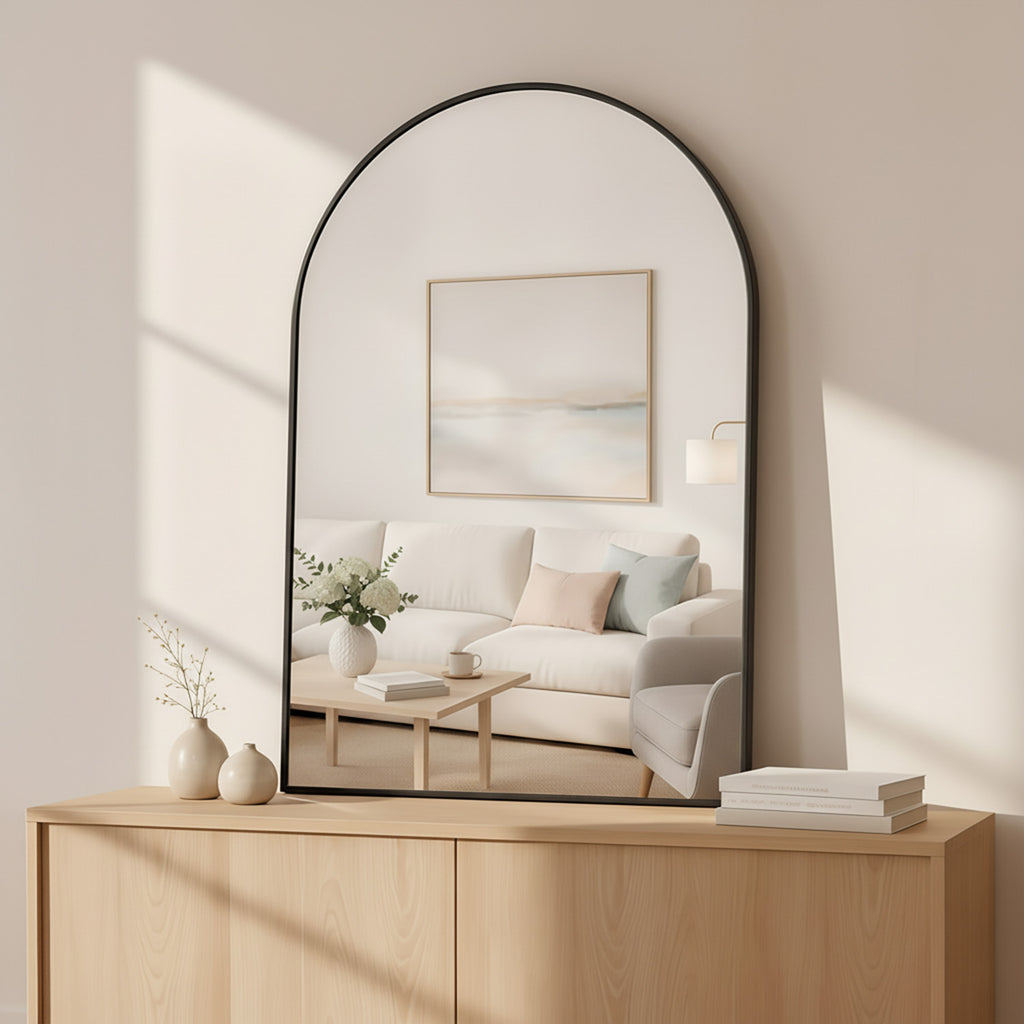 LIFERECORD 20"x30" Metal Frame Arched Bathroom Mirror, Black