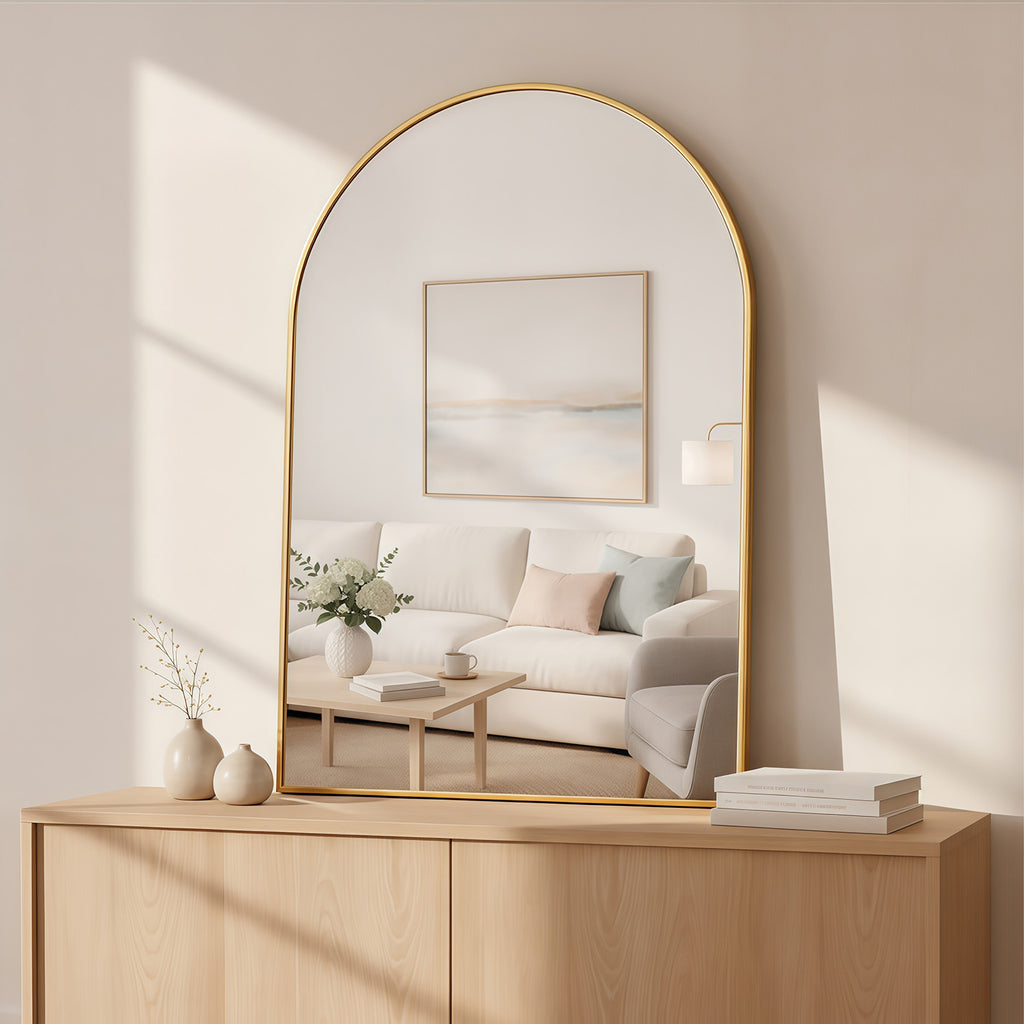 LIFERECORD 20"x30" Metal Frame Arched Bathroom Mirror, Gold
