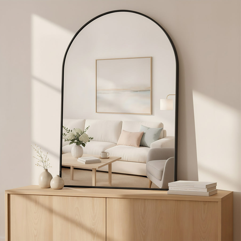 LIFERECORD 24" x 36" Metal Frame Arched Bathroom Mirror, Black