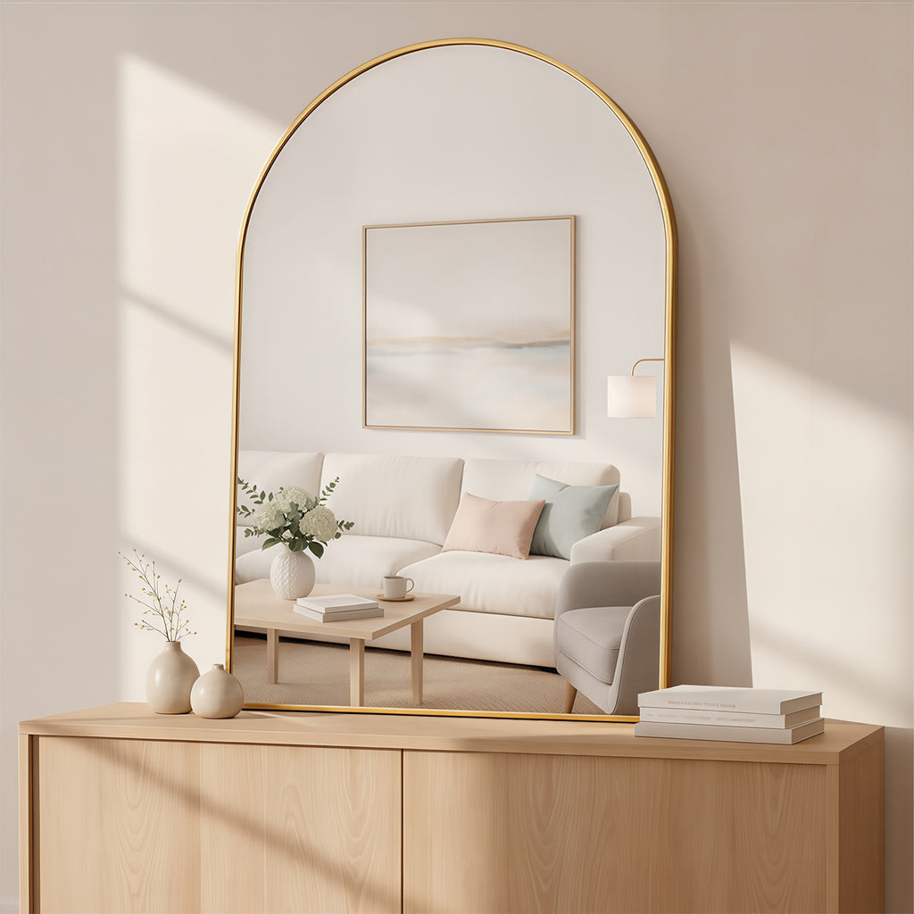 LIFERECORD 24" x 36" Metal Frame Arched Bathroom Mirror, Gold