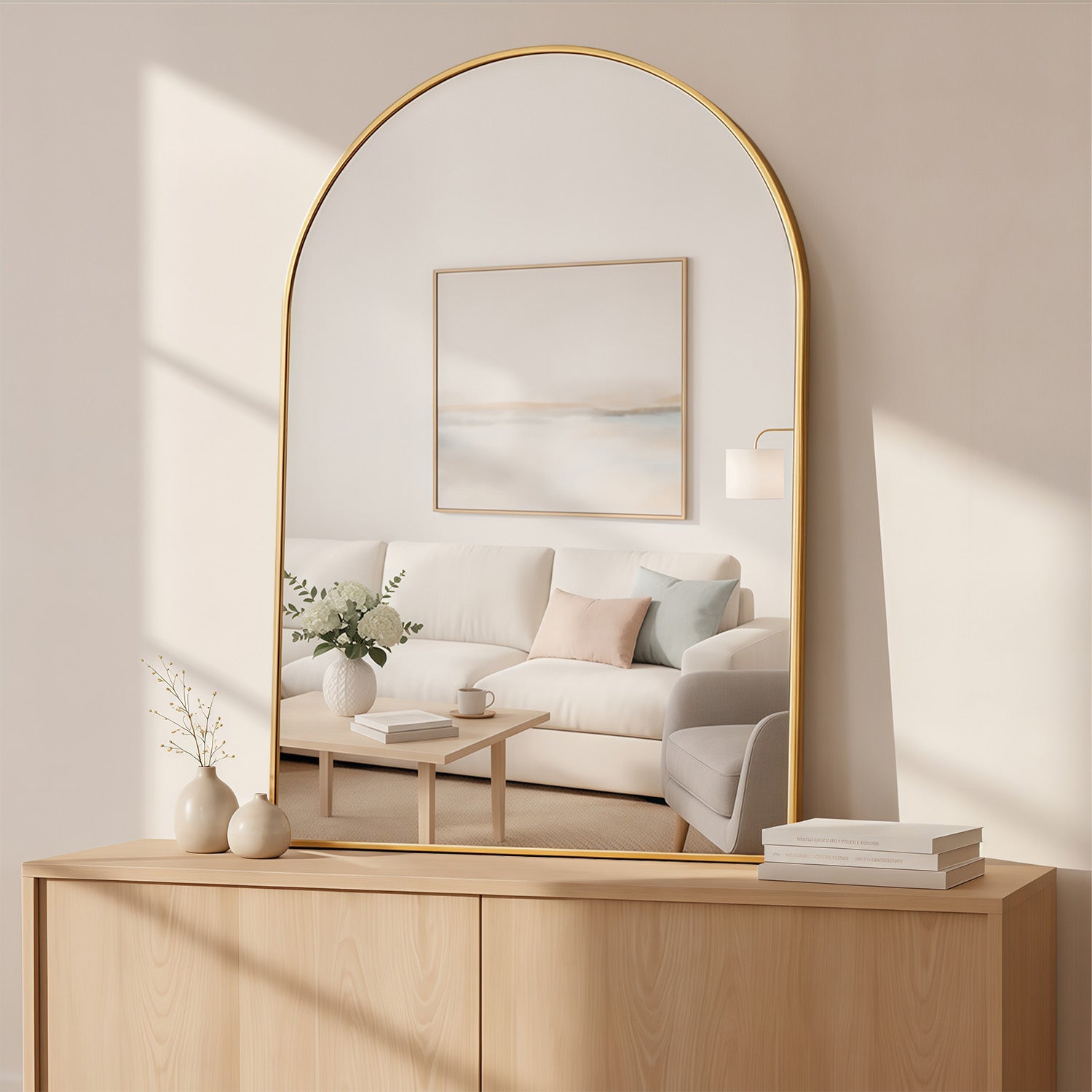 LIFERECORD 24" x 36" Metal Frame Arched Bathroom Mirror, Gold