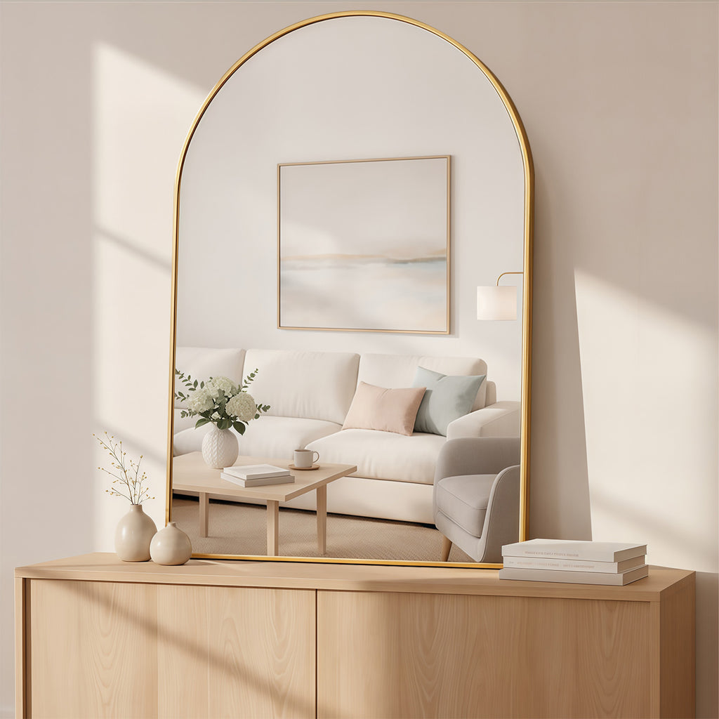 LIFERECORD 26" x 38" Metal Frame Arched Bathroom Mirror, Gold