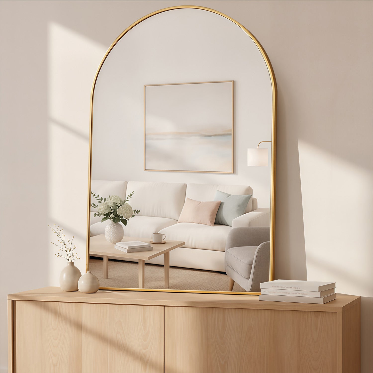 LIFERECORD 26" x 38" Metal Frame Arched Bathroom Mirror, Gold
