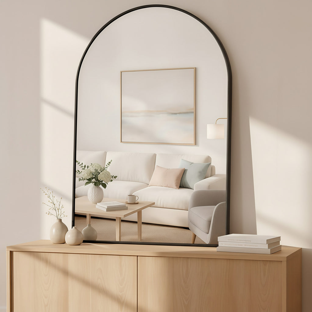 LIFERECORD 26"x38" Metal Frame Arched Bathroom Mirror, Black