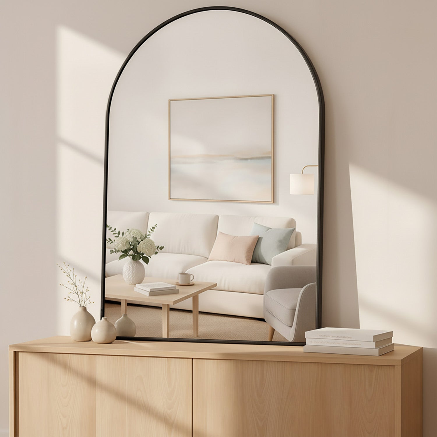 LIFERECORD 26"x38" Metal Frame Arched Bathroom Mirror, Black