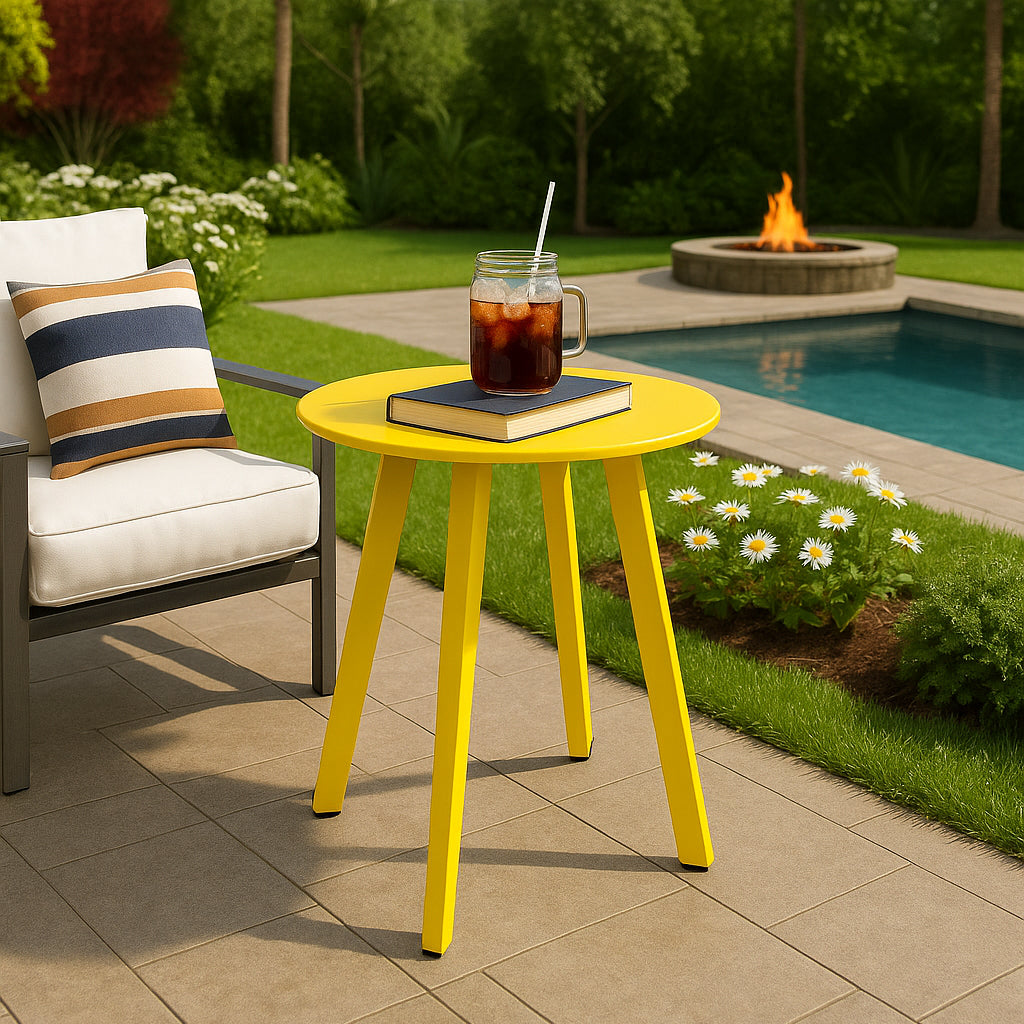 LIFERECORD Small Side Table – Indoor & Outdoor Steel Powder Coated Round Patio Table with Square Legs for Patio, Living Room, Bedroom, Yellow