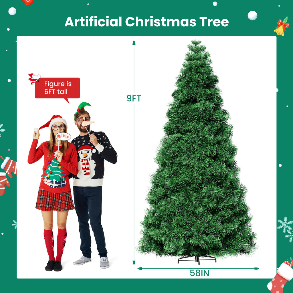 ACCVER 9ft Pre-lit Artificial Spruce Christmas Tree - 347 Dense PVC Branch Tips, 120 Warm Incandescent Lights with 8 Modes, Green