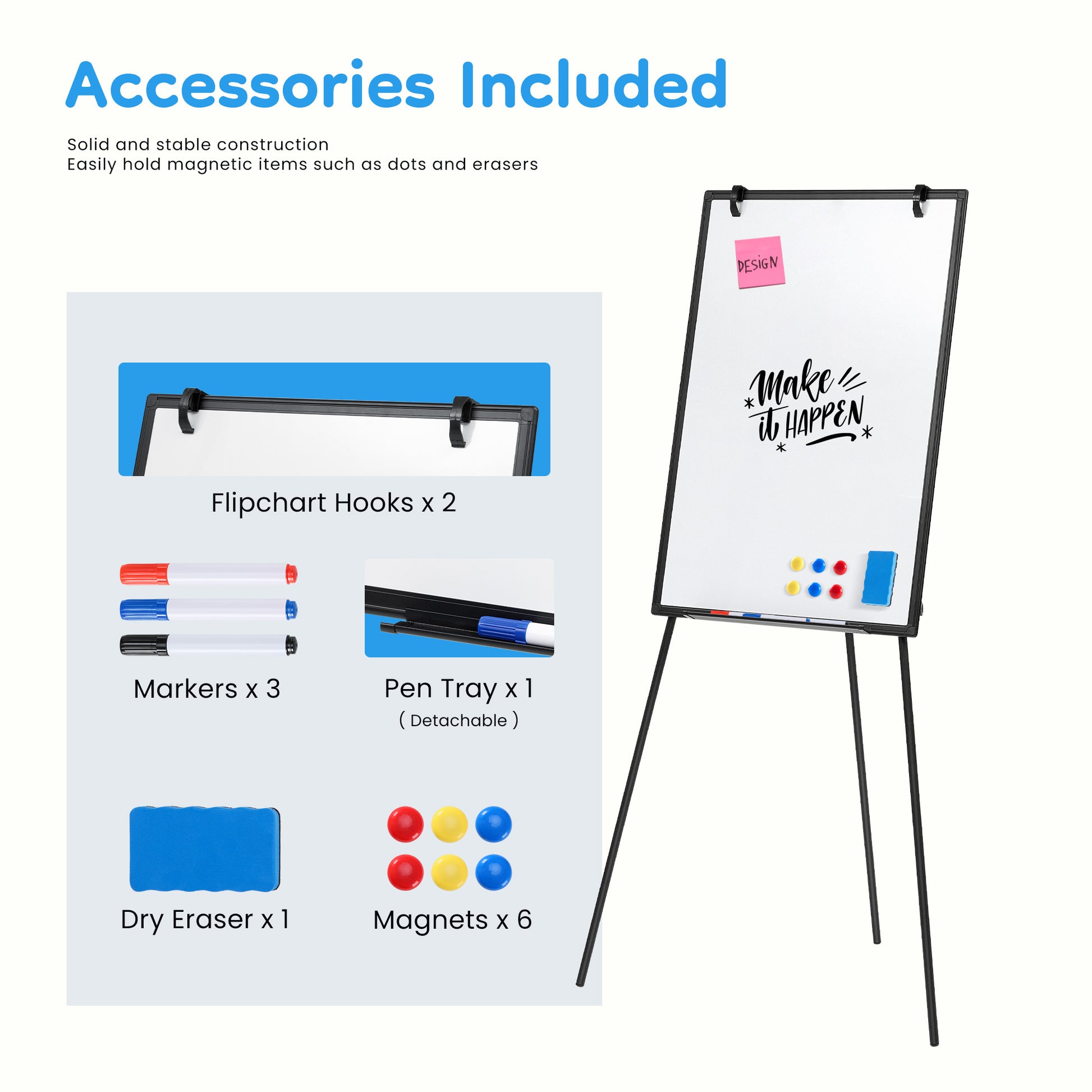ROSVOVO 36x24 Inch Magnetic Whiteboard Easel with Tripod Stand - Height Adjustable Portable Dry Erase Board Kit for Classroom, Office & Home, Black