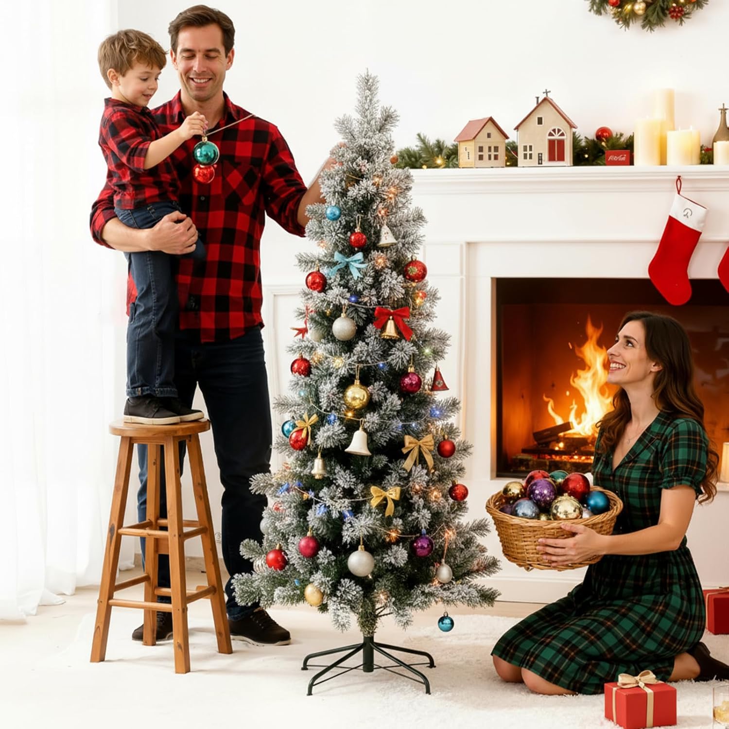 LIFERECORD 4.5ft Prelit Artificial Hinged Slim Pencil Christmas Tree with 120 Lights, 280 Full Branch Tips, 8 Warm Lingting Motes Perfect Decoration for Xmas Holiday, White