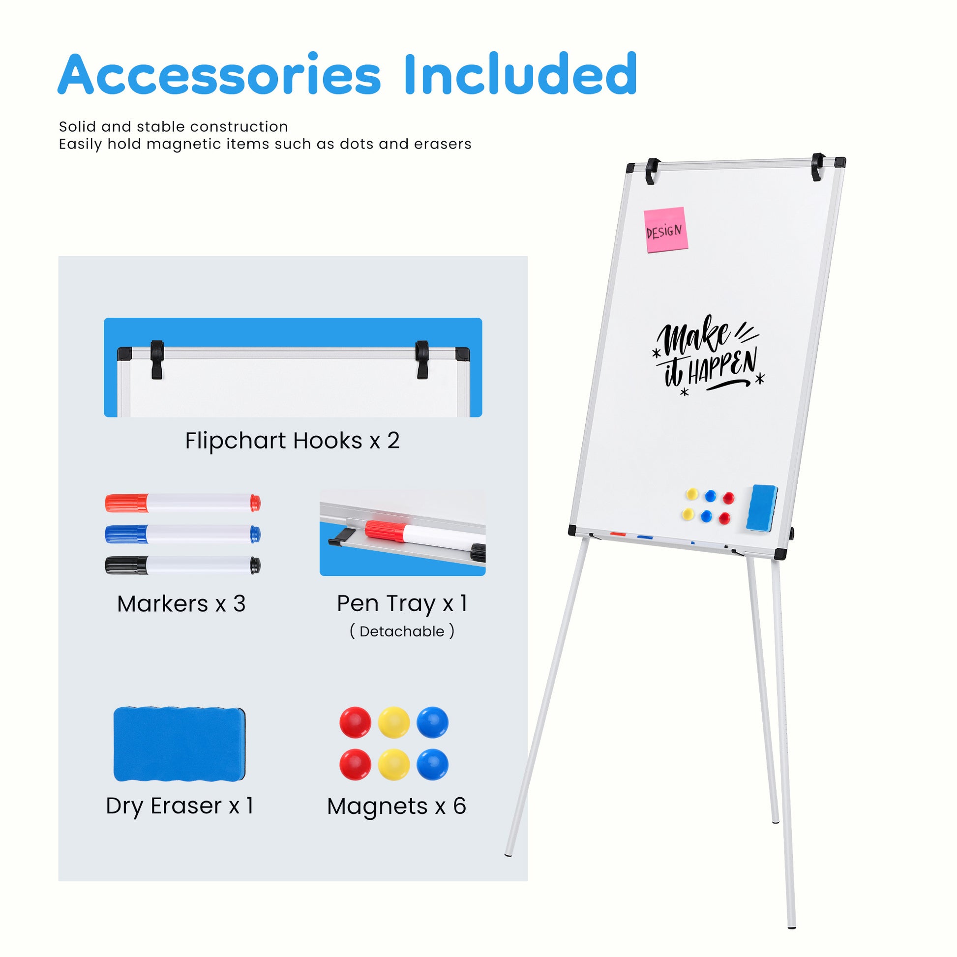 ROSVOVO 36x24 Inch Magnetic Whiteboard Easel with Tripod Stand - Height Adjustable Portable Dry Erase Board Kit for Classroom, Office & Home, White