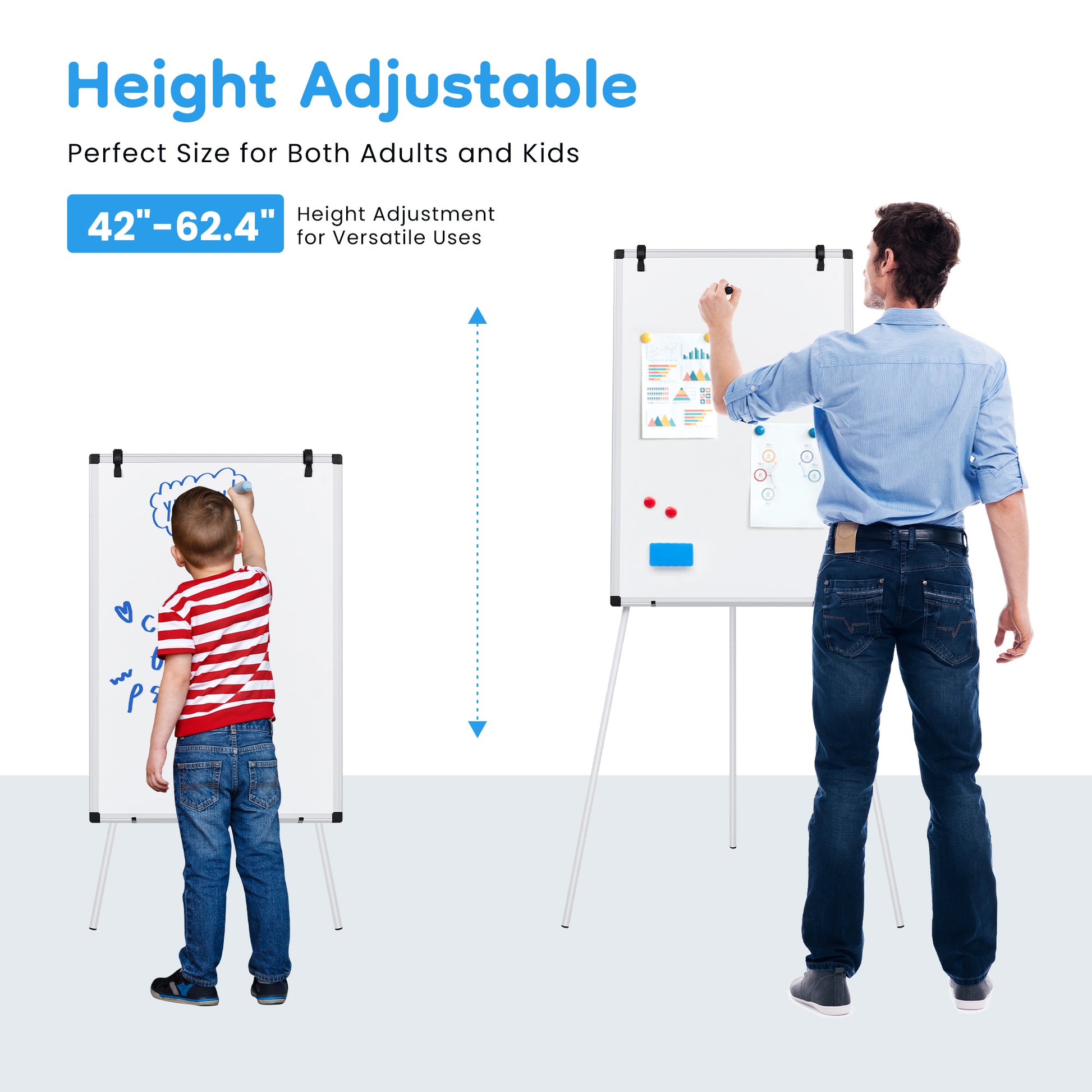 ROSVOVO 36x24 Inch Magnetic Whiteboard Easel with Tripod Stand - Height Adjustable Portable Dry Erase Board Kit for Classroom, Office & Home, White