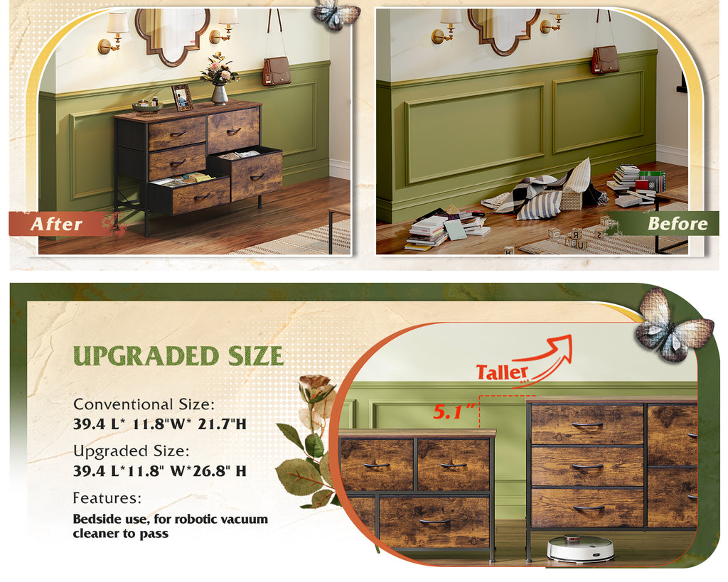 LIFERECORD 5 Drawer Fabric Dresser for Bedroom and Living Room, Chest of Drawer Organizer Storage Cabinet for Closet, Entryway, Brown