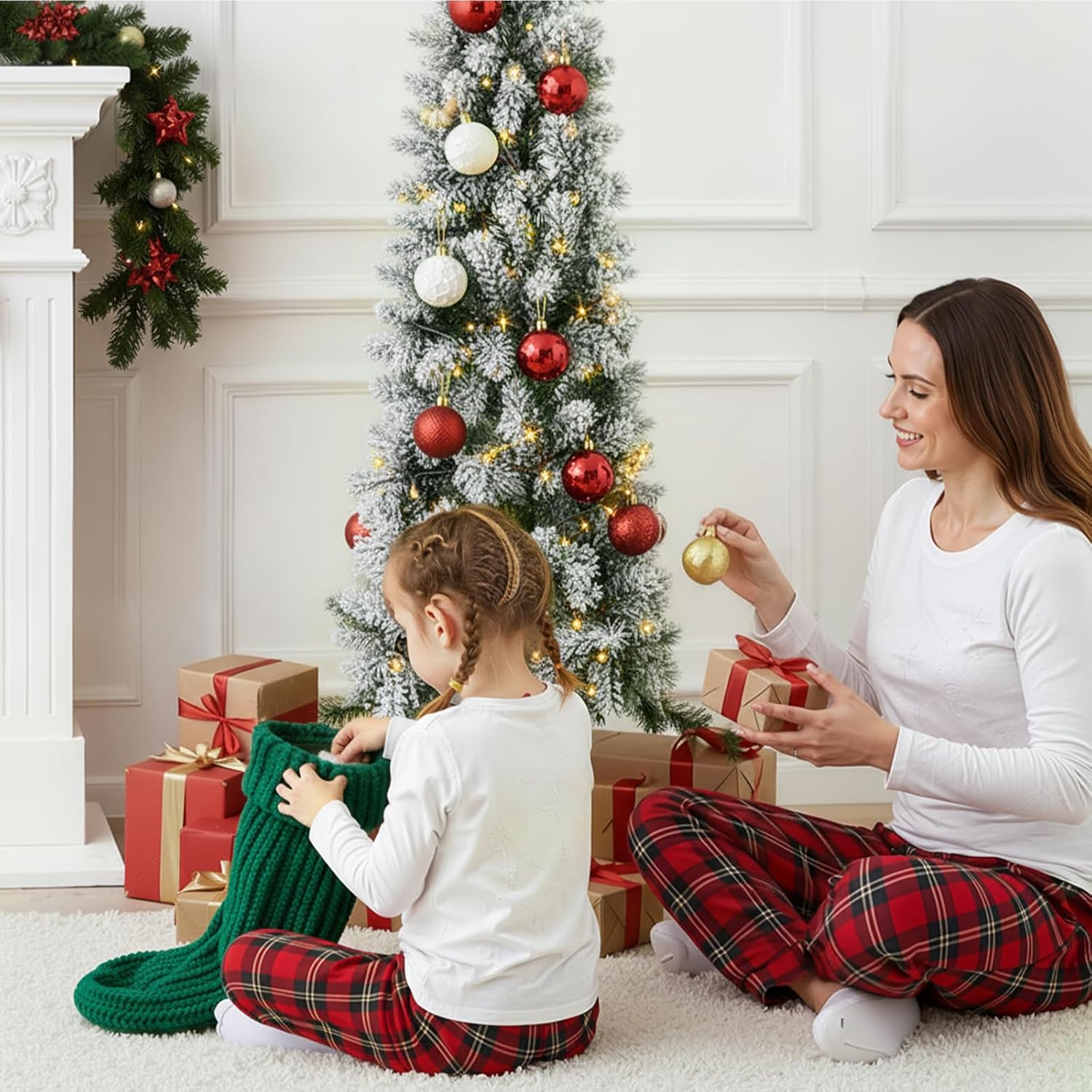 LIFERECORD 4.5ft Prelit Artificial Hinged Slim Pencil Christmas Tree with 120 Lights, 280 Full Branch Tips, 8 Warm Lingting Motes Perfect Decoration for Xmas Holiday, White