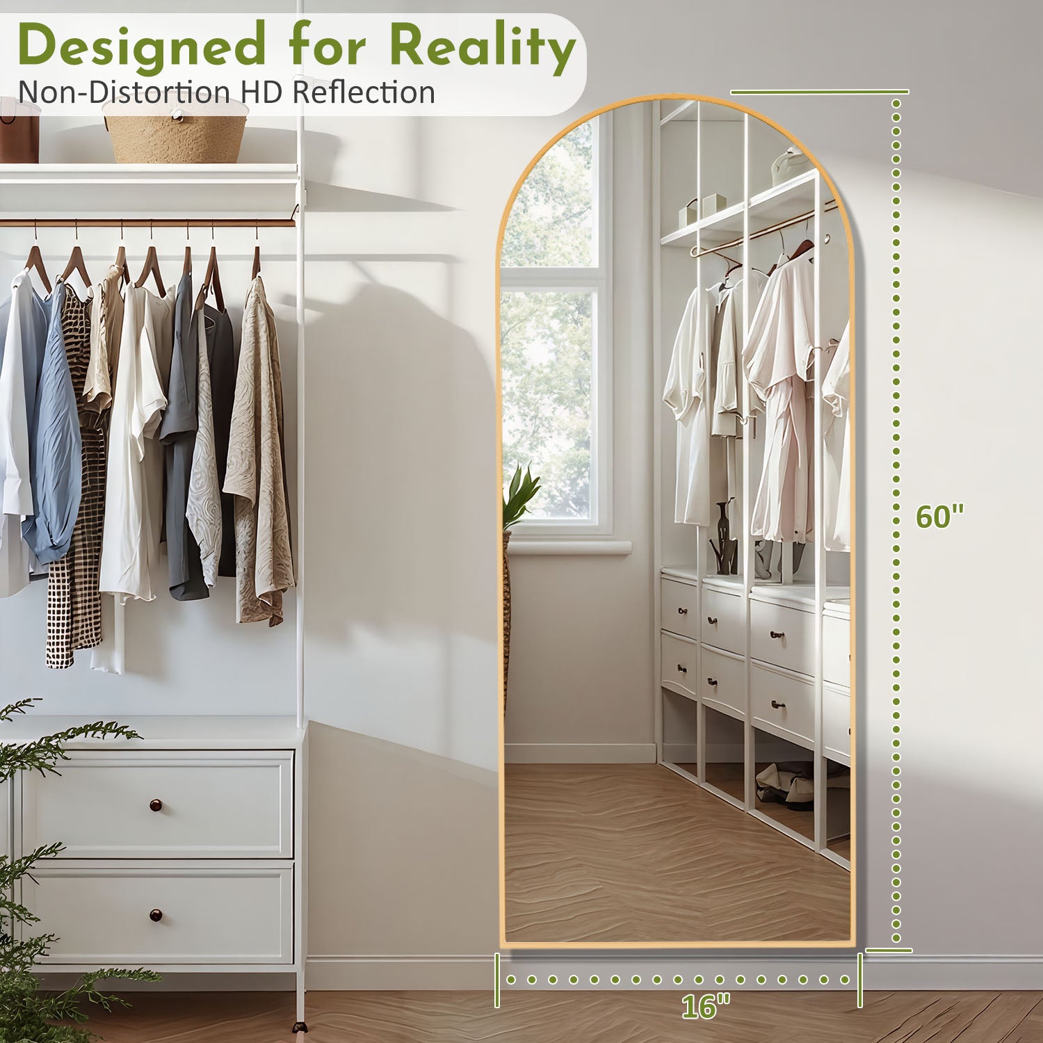 ACCVER 16"x60" Full Length Mirror - Classic Standing Mirror, Durable Aluminum Frame & Tempered Glass, Lean-to or Wall Mount for Bedroom/Dressing Room/Living Room, Arhced, Gold