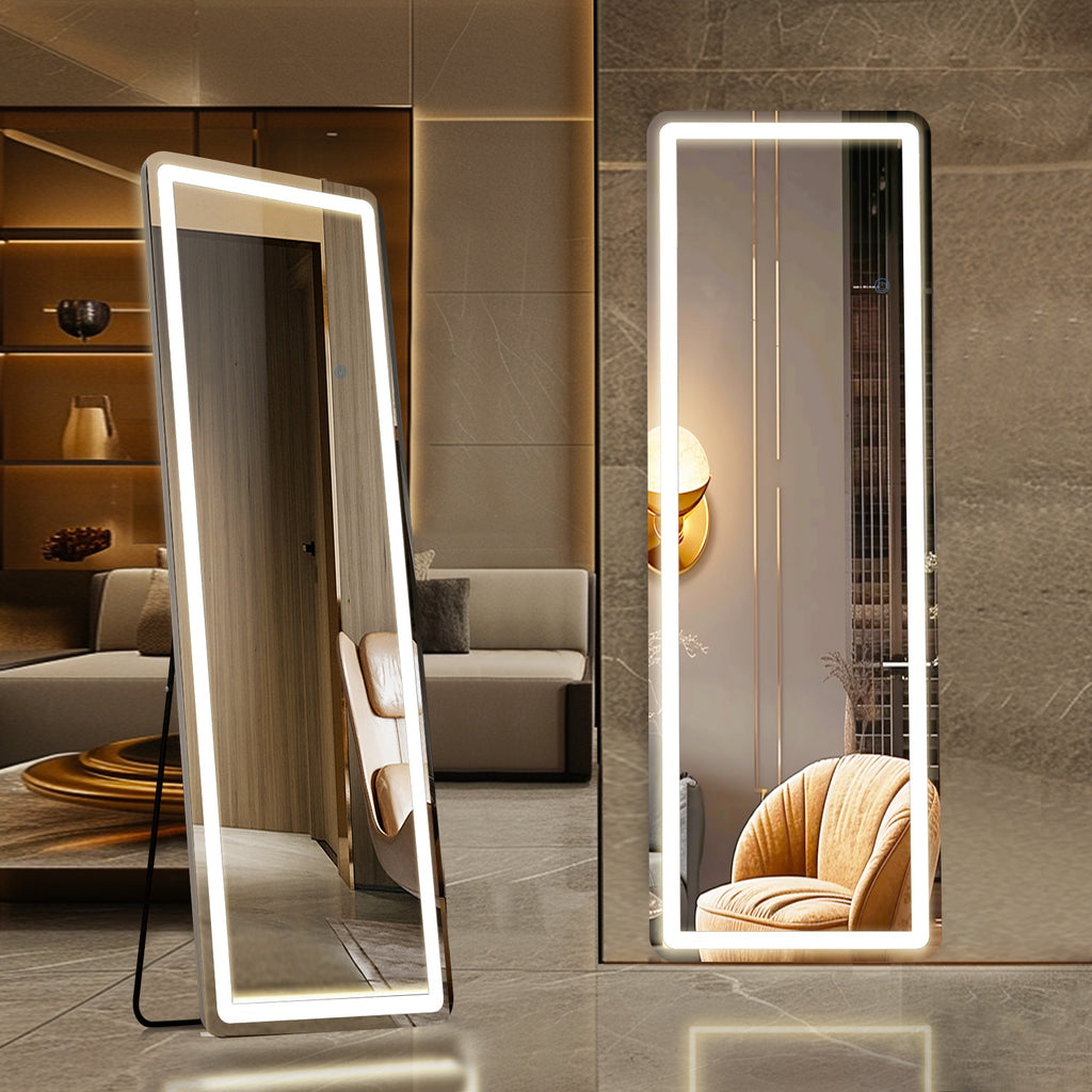 ACCVER 21"x64" Full Length Standing Mirror w/LED Lights - 3 Color Modes, Durable Aluminum Frame & Tempered Glass, Lean-to or Wall Mount for Bedroom/Dressing Room/Living Room, Rectangle