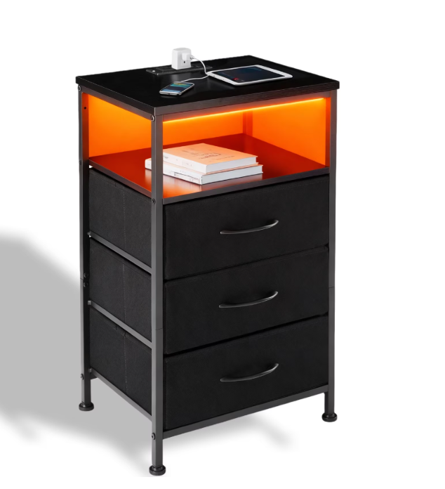 LIFERECORD LED Nightstand with Charging Station, 3 Fabric Drawers Bedside Table with USB/Type-C Ports & Outlets, Smart Storage for Small Spaces, App Controlled Color Changing Light Strip for Bedroom