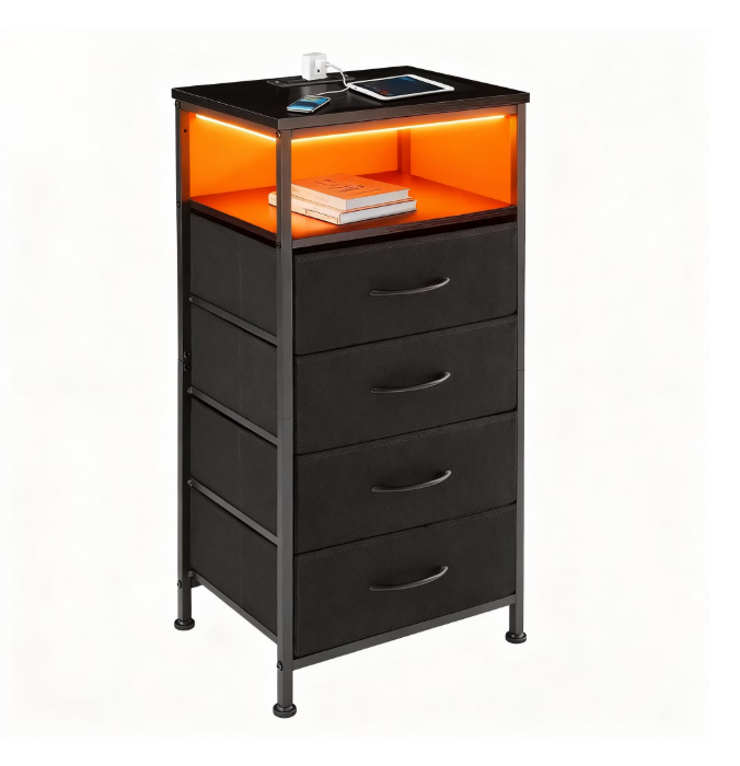 LIFERECORD LED Nightstand with Charging Station, 4 Fabric Drawers Bedside Table with USB/Type-C Ports & Outlets, Smart Storage for Small Spaces, App Controlled Color Changing Light Strip for Bedroom