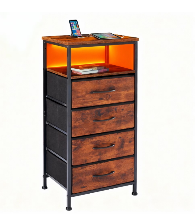 LIFERECORD LED Nightstand with Charging Station, 4 Fabric Drawers Bedside Table with USB/Type-C Ports & Outlets, Smart Storage for Small Spaces, App Controlled Color Changing Light Strip for Bedroom