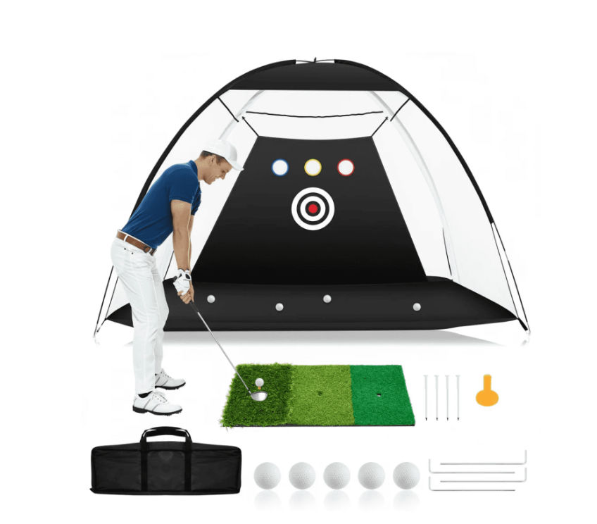 LIFERECORD 10x7ft Golf Net with Tri-Turf Mat, 5 Golf Balls, Carry Bag, Durable Backyard Driving Range for Adults Kids, Portable All-in-1 Home Golf Training Aid with 4 Targets