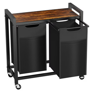 LIFERECORD 2-Section Laundry Hamper Sorter with Wheels, 2x Pull-Out Removable 8.6 Gal Oxford Fabric Bags, Rolling Storage Cart for Bedroom Bathroom, Rustic Brown