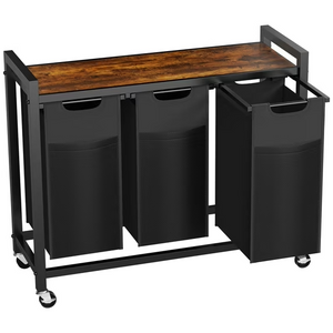 LIFERECORD 3-Section Laundry Hamper Sorter with Wheels, 3x Pull-Out Removable 8.6 Gal Oxford Fabric Bags, Rolling Storage Cart for Bedroom Bathroom, Rustic Brown