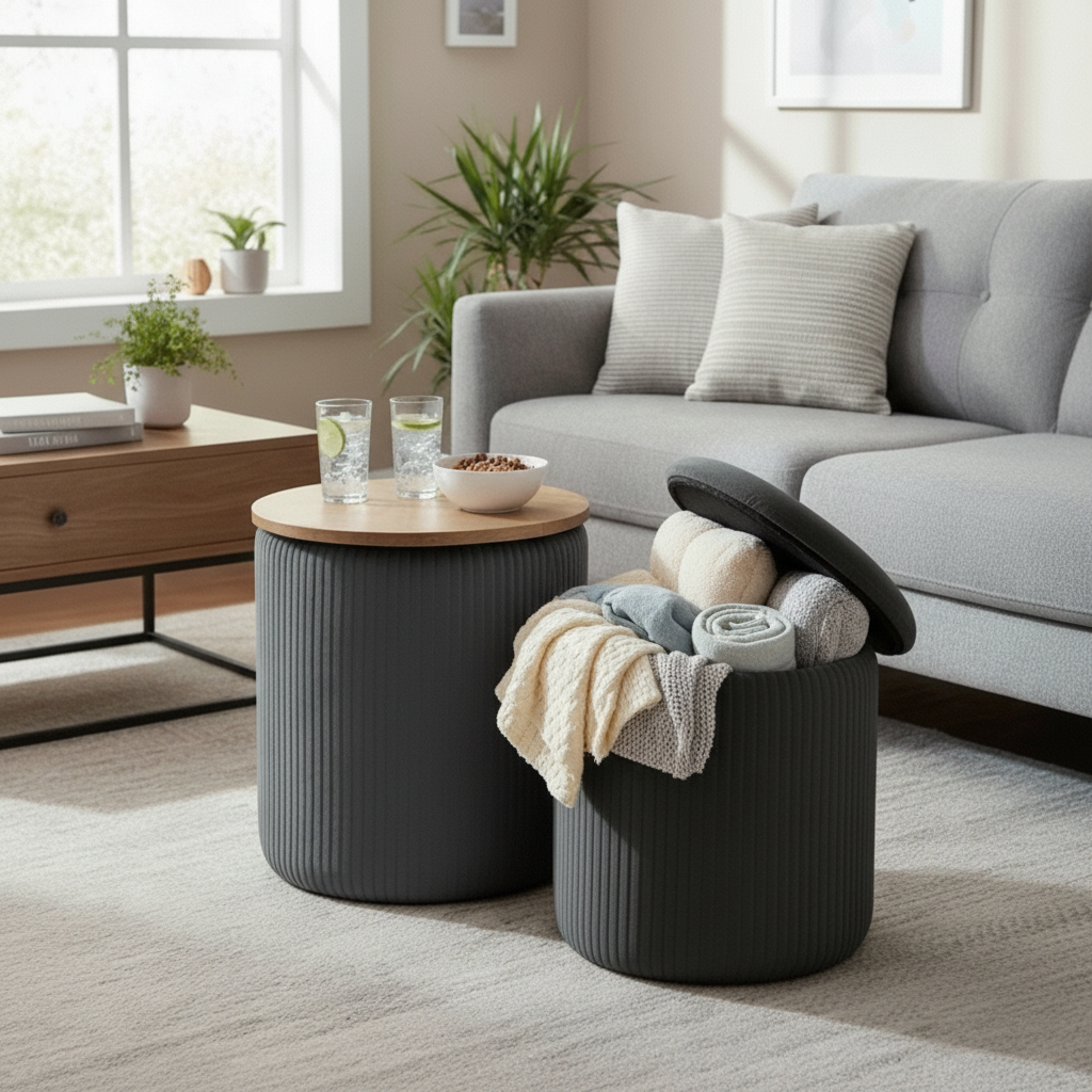 LIFERECORD Round Ottoman with Storage Set of 2, Vanity Stool with Storage for Bedroom, Ottoman Coffee Table,Small Velvet Foot Stool for Living Room, Grey