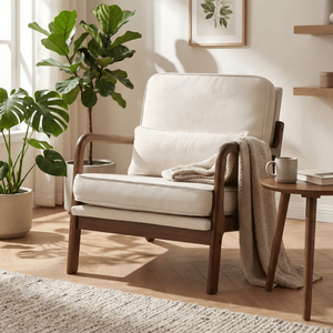 LIFERECORD Mid Century Modern Accent Chair, Reading Chair with Arms and Lumbar Cushion, Comfortable Lounge Chair for Living Room Bedroom, Solid Rubberwood Frame