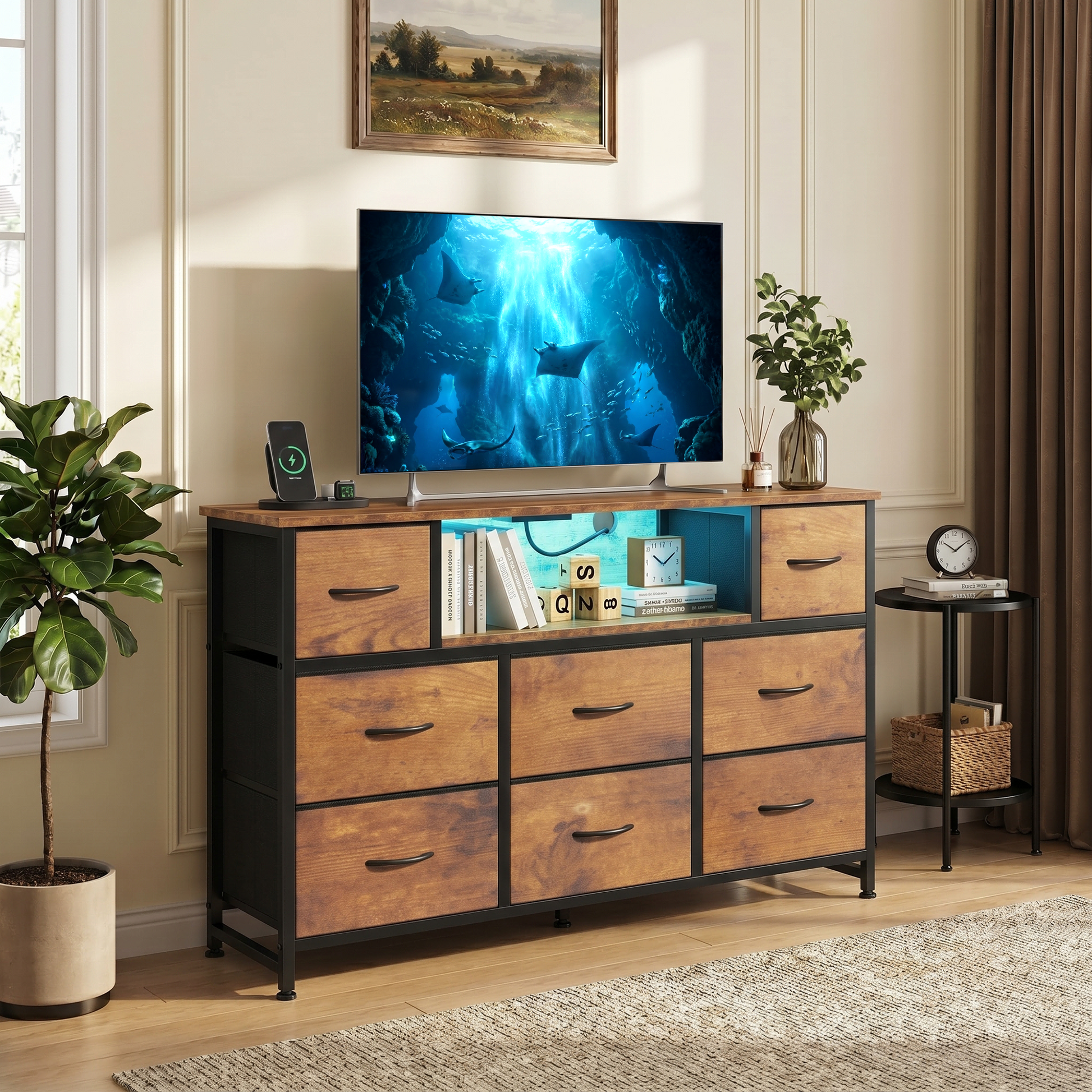 LIFERECORD Dresser TV Stand for 45-55 Inch, Chest of Drawers with LED Lights & USB Ports, Entertainment Center with Charging Station, Wood Top Media Console for Bedroom