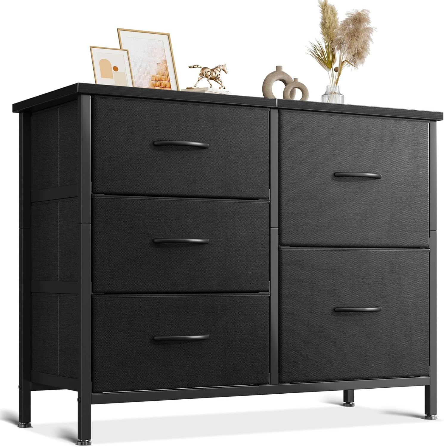 LIFERECORD 5 Drawer Fabric Dresser for Bedroom and Living Room, Chest of Drawer Organizer Storage Cabinet for Closet, Entryway, Black