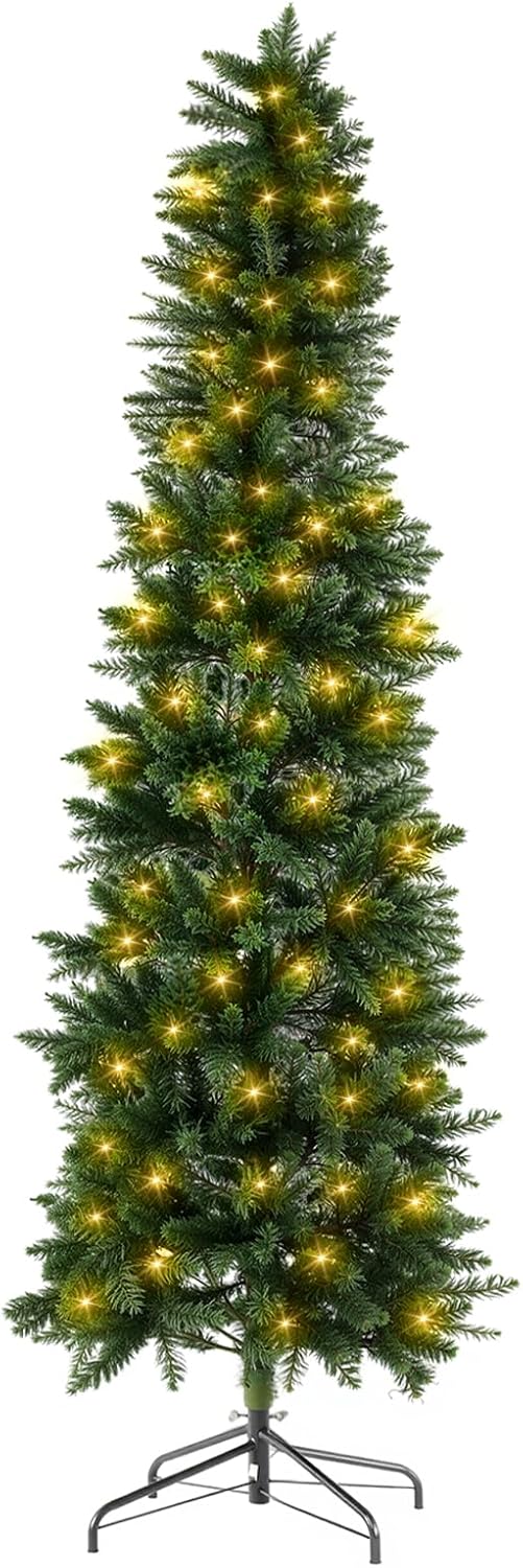 LIFERECORD 4.5ft Prelit Artificial Hinged Slim Pencil Christmas Tree with 120 Lights, 280 Full Branch Tips, 8 Warm Lingting Motes Perfect Decoration for Xmas Holiday, Green