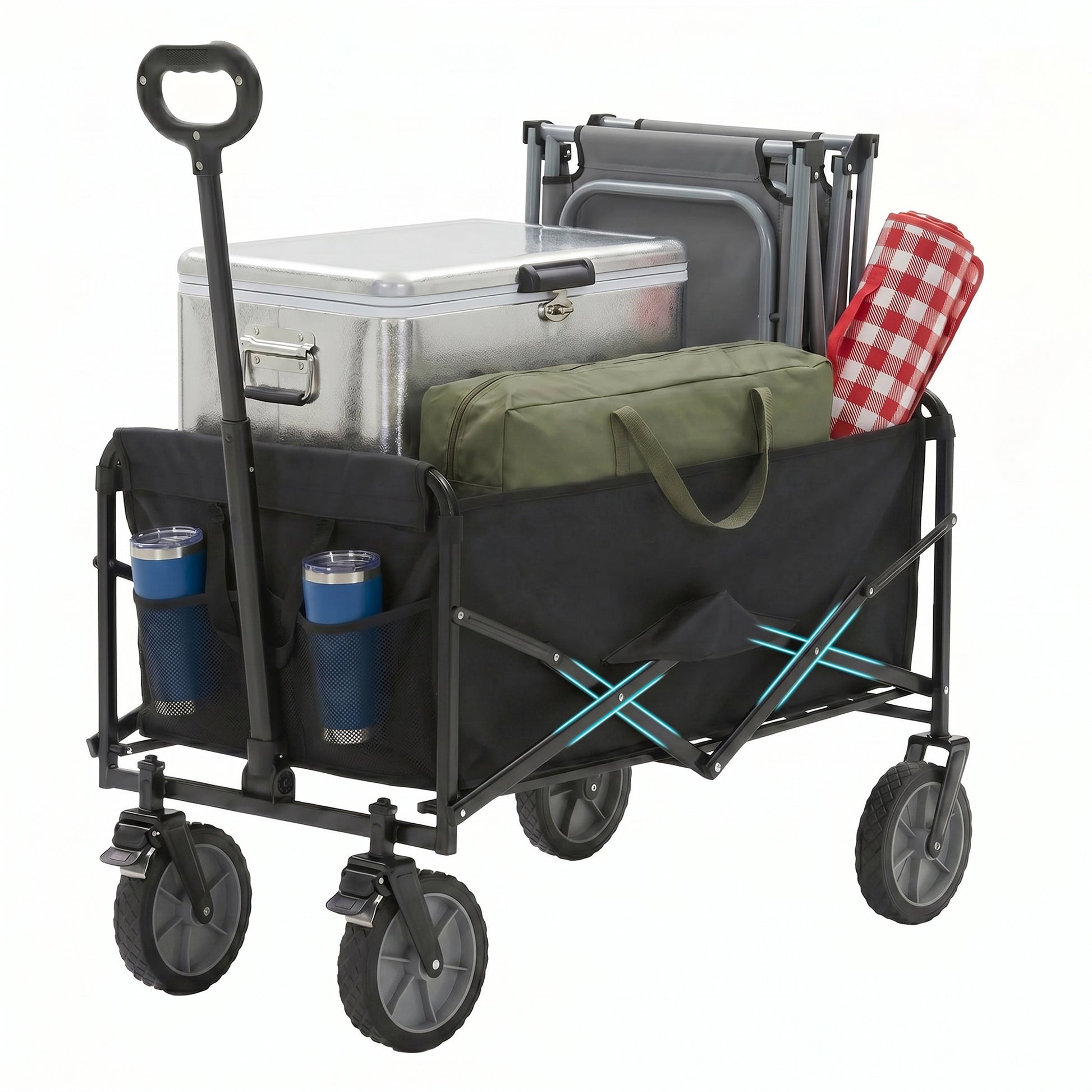 ACCVER Heavy Duty Collapsible Wagon Cart - 330LBS Capacity Folding Utility Cart w/ All-Terrain Wheels, Drink Holders for Camping, Beach, Grocery, Sports (Foldable & Portable), Black