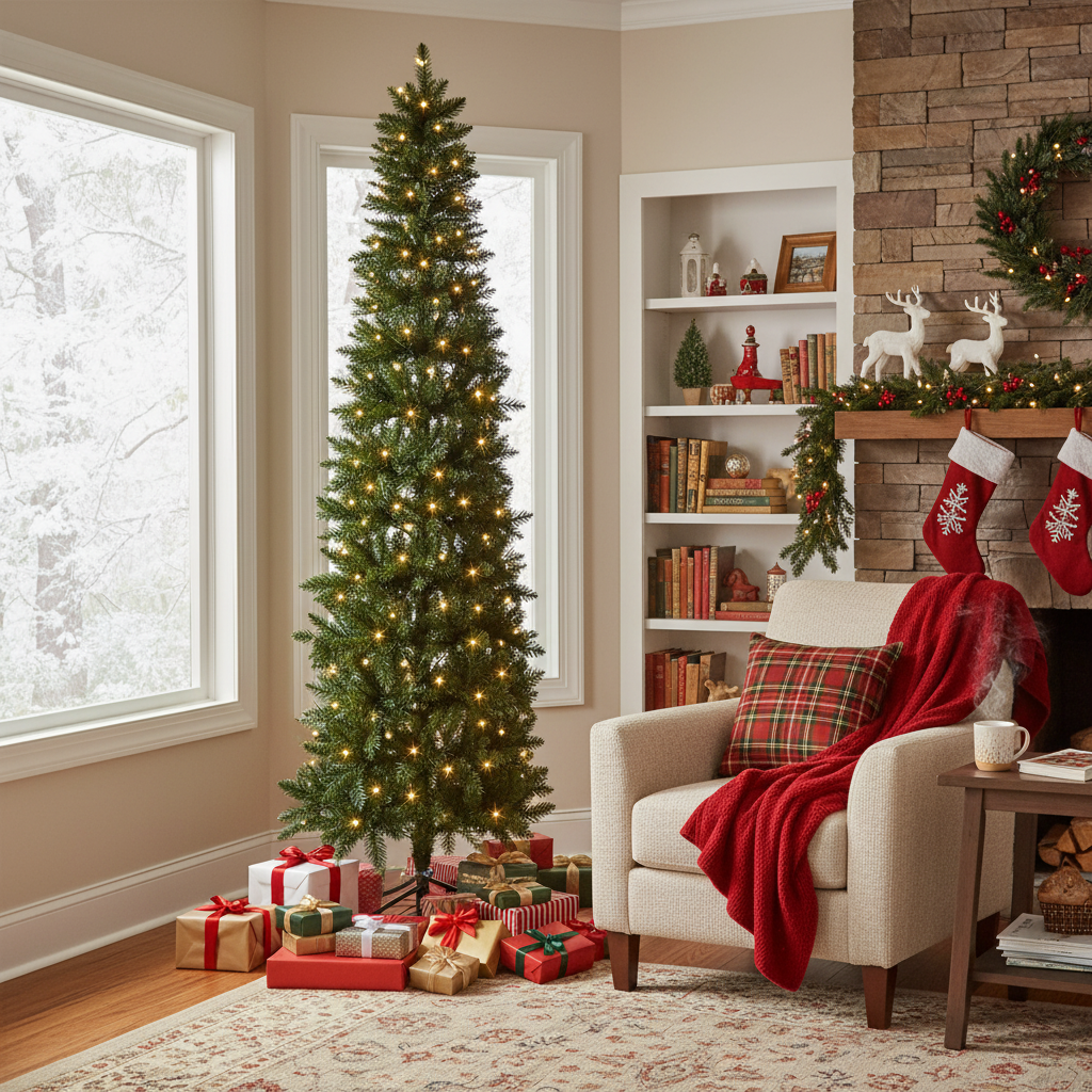 LIFERECORD 4.5ft Prelit Artificial Hinged Slim Pencil Christmas Tree with 120 Lights, 280 Full Branch Tips, 8 Warm Lingting Motes Perfect Decoration for Xmas Holiday, Green