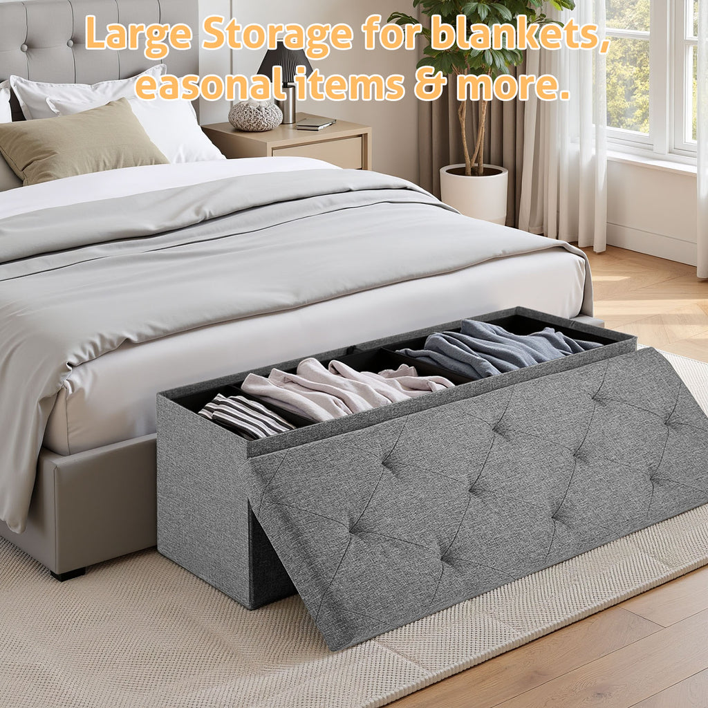 ACCVER 43" Storage Ottoman Bench - Foldable Ottoman Upholstered Entryway Bench, 660lbs Large End of Bed Bench with Storage Chest for Bedroom, Living Room, Grey