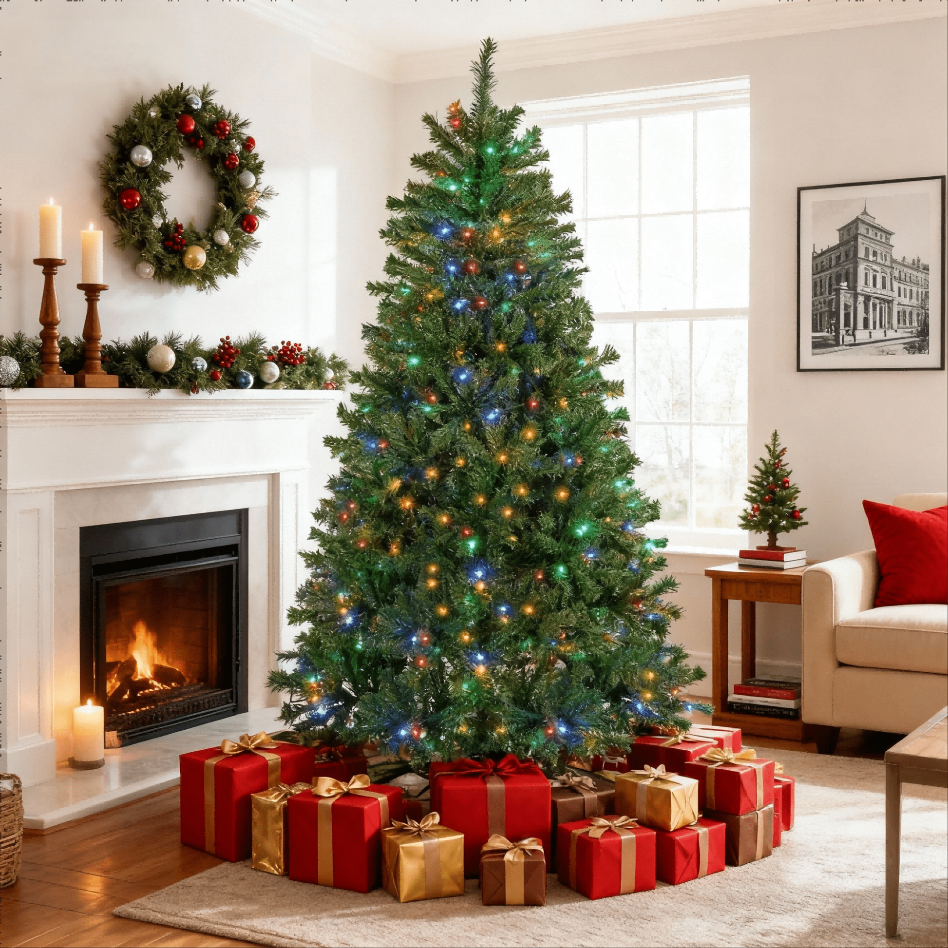 LIFERECORD 9ft Pre-lit Artificial Christmas Tree with 600 Color Changing LED Lights, 8 Modes Full Green PVC Xmas Tree with 2000 Branch Tips & Metal Stand for Party Decoration