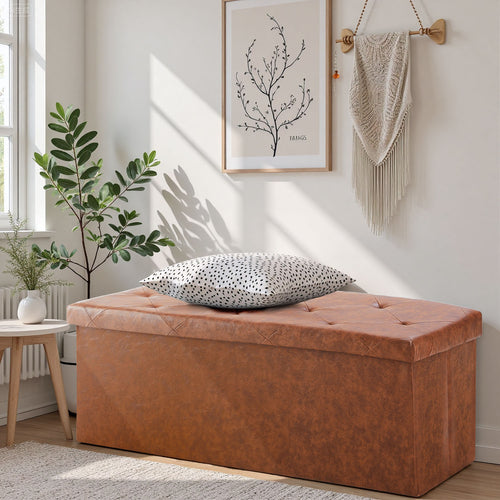 ACCVER 43" Storage Bench - Faux Leather Foldable Ottoman Upholstered Entryway Bench, 660lbs Large End of Bed Bench with Storage Chest for Bedroom, Living Room, Brown