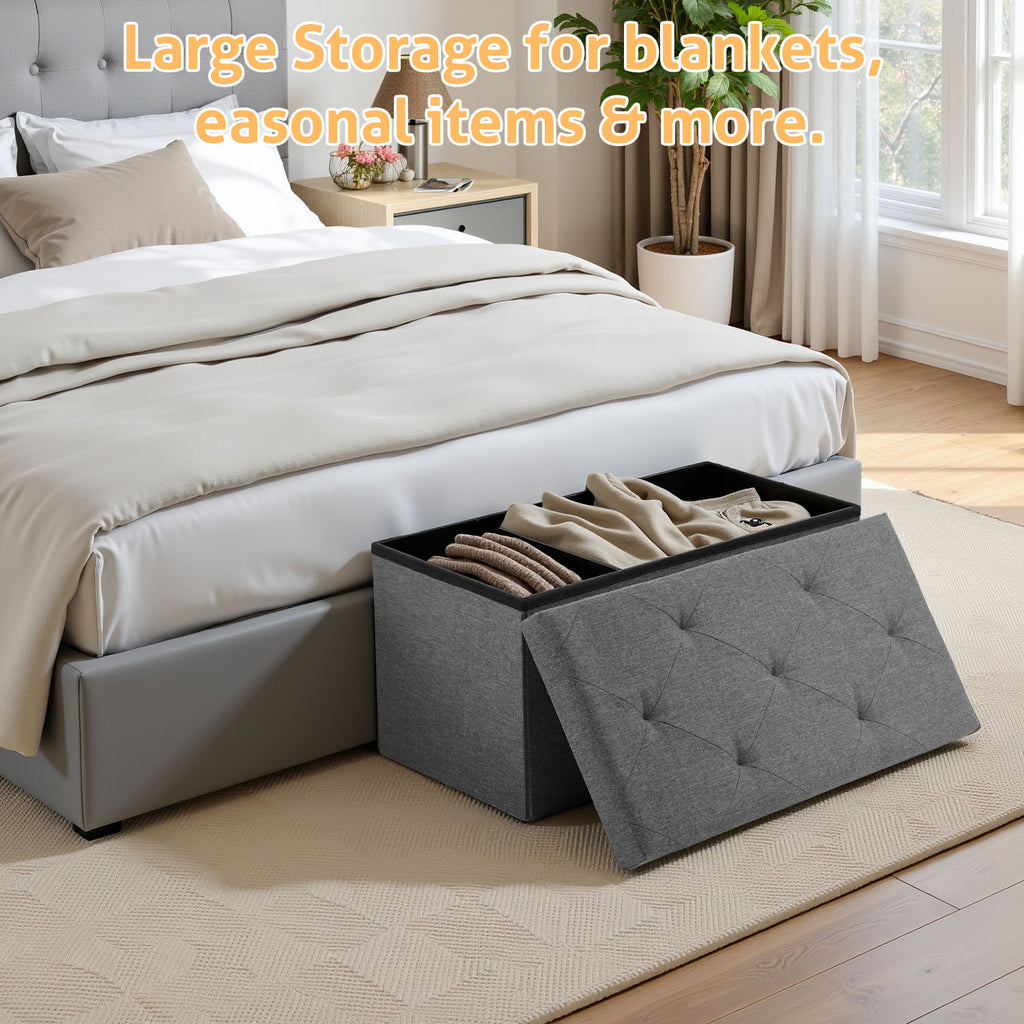 ACCVER 30" Storage Ottoman Bench - Foldable Ottoman Upholstered Entryway Bench, 400lbs Large End of Bed Bench with Storage Chest for Bedroom, Living Room, Grey