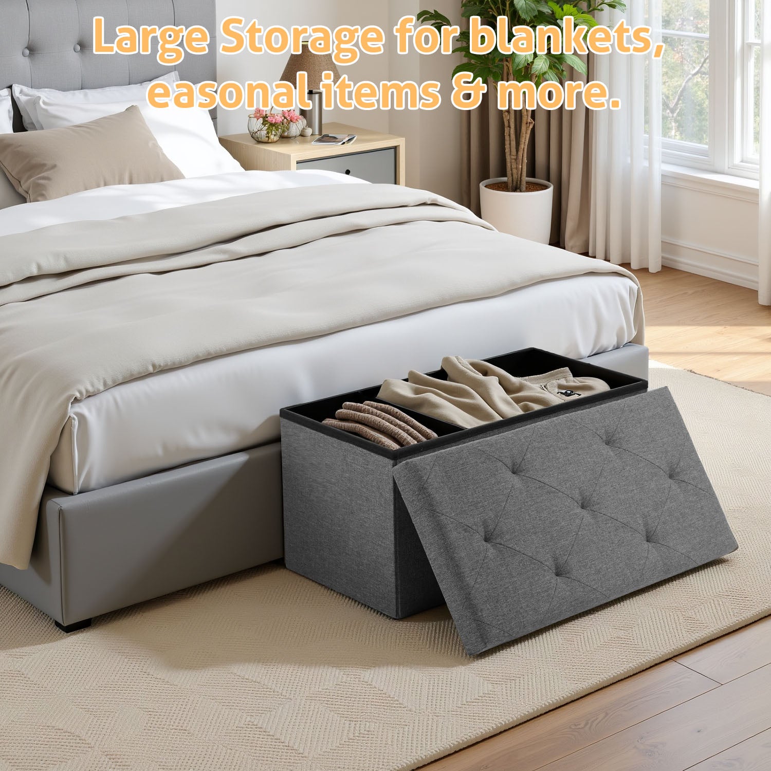 ACCVER 30" Storage Ottoman Bench - Foldable Ottoman Upholstered Entryway Bench, 400lbs Large End of Bed Bench with Storage Chest for Bedroom, Living Room, Grey