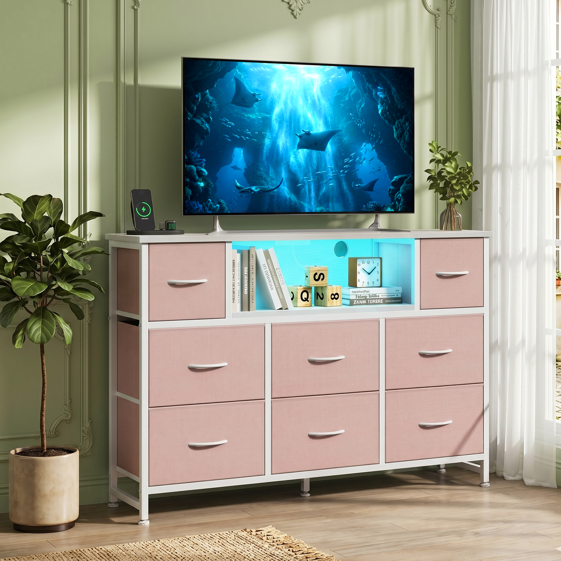 LIFERECORD Dresser TV Stand for 45-55 Inch, Chest of Drawers with LED Lights & USB Ports, Entertainment Center with Charging Station, Wood Top Media Console for Bedroom