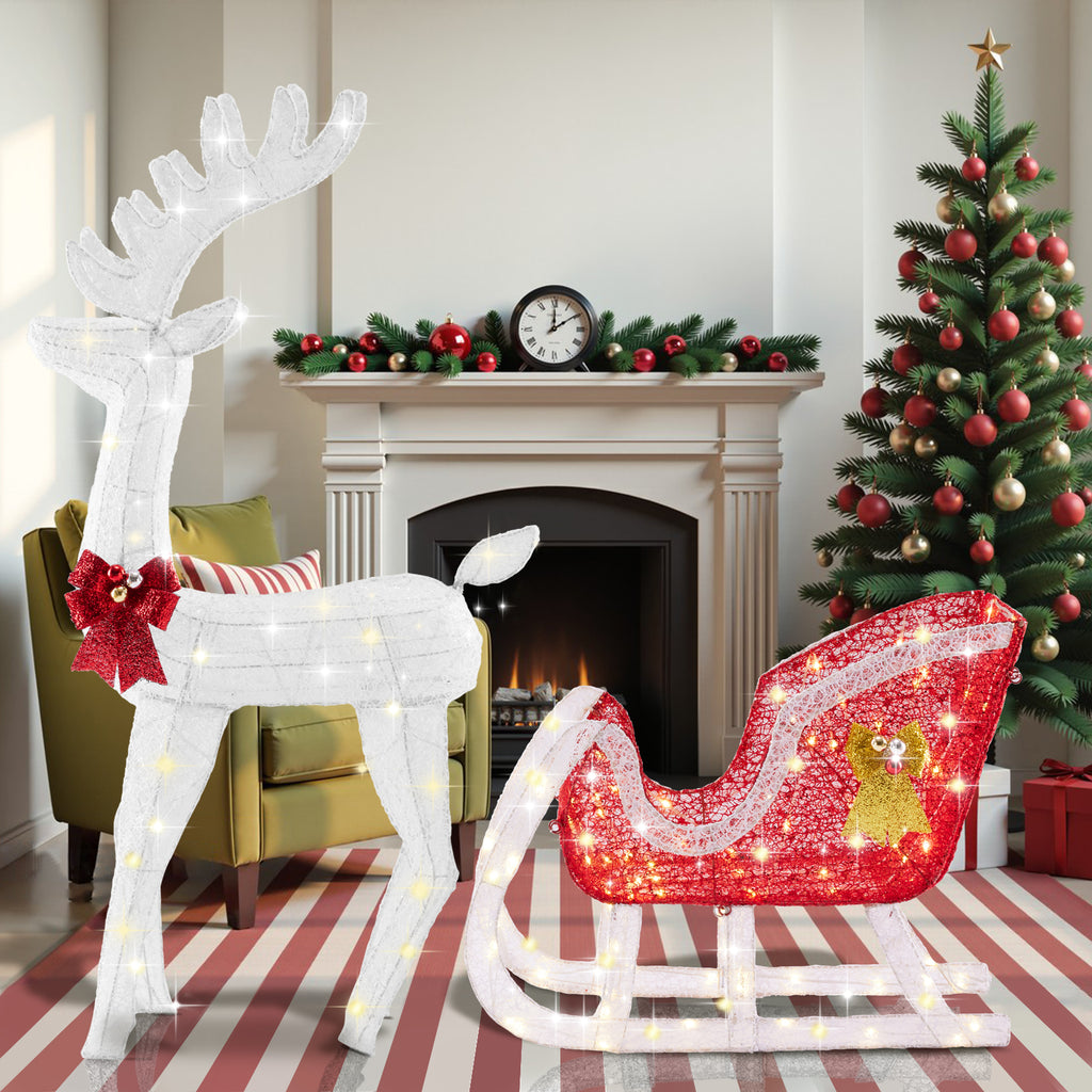 LIFERECORD 4 FT Christmas Lighted Reindeer & Santa's Sleigh, Indoor/Outdoor Xmas Pre-Lit Yard Decoration with 180 LED Lights, Stakes & Zip Ties, Festive Holiday Decoration for Lawn & Garden, White