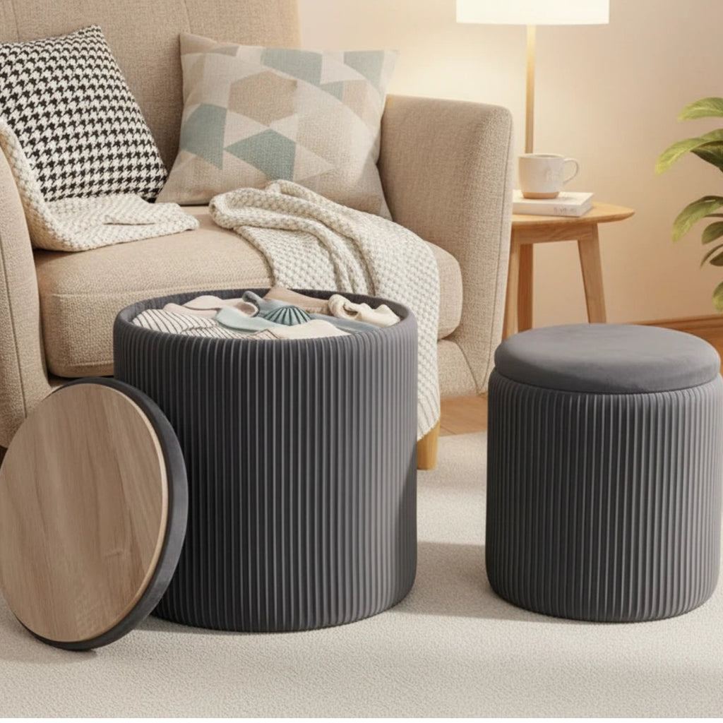 LIFERECORD Round Ottoman with Storage Set of 2, Vanity Stool with Storage for Bedroom, Ottoman Coffee Table,Small Velvet Foot Stool for Living Room, Grey