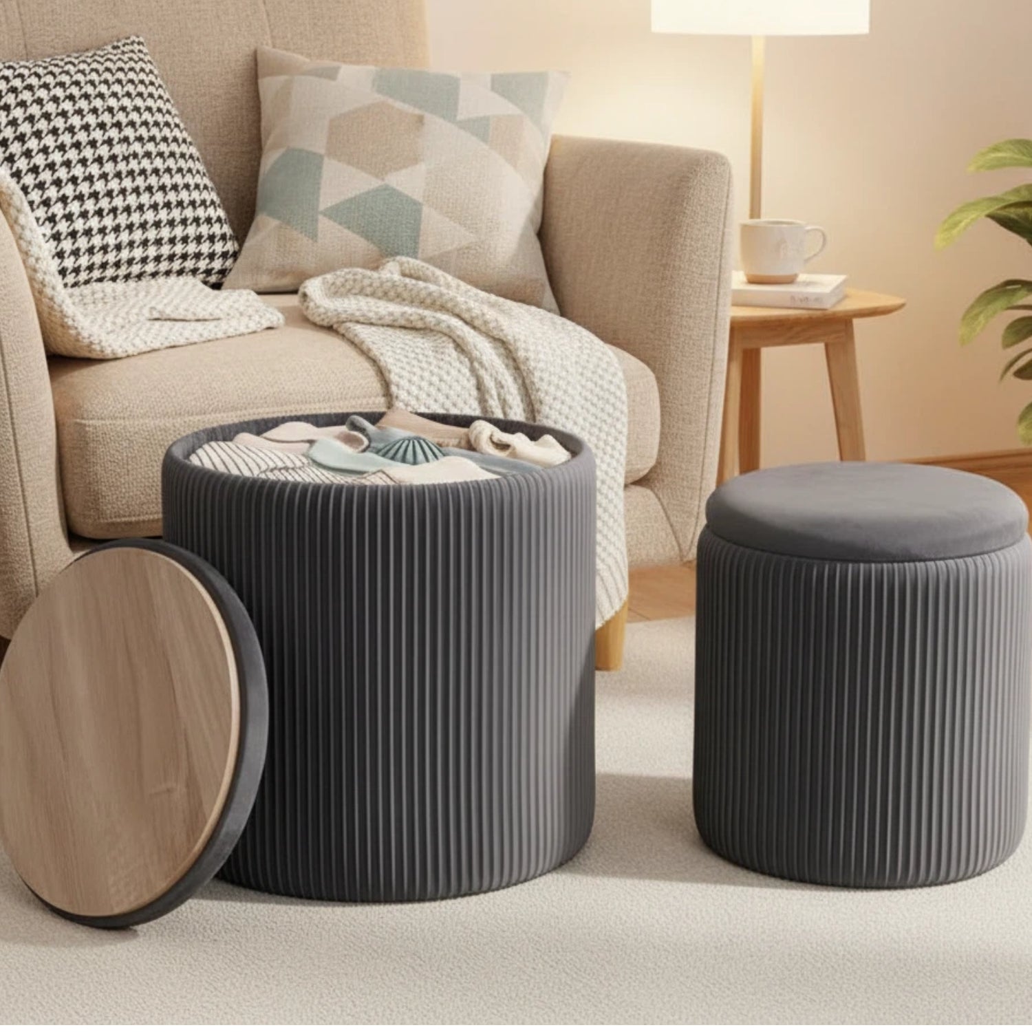 LIFERECORD Round Ottoman with Storage Set of 2, Vanity Stool with Storage for Bedroom, Ottoman Coffee Table,Small Velvet Foot Stool for Living Room, Grey